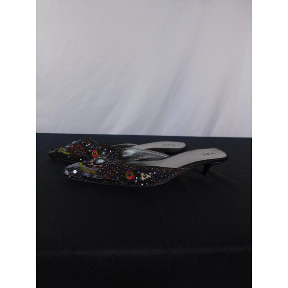 M.P.S Black Sequin Beaded Mule Heels 9 - Kitten Heel Party Slip-On - Excellent - Picture 6 of 8